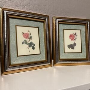 Set of 2 Vintage Rose Botanical Prints | Gold Wood Frame | Cottagecore Wall Art